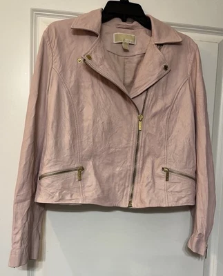 Chaqueta de Moto Michael Kors Cuero Cordero Arrugado Suave Rosa Flor Talla L Nueva $495 Foto 1 de 4