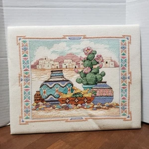 Southwestern Scene Handmade Cross Stitch Native Pottery Cactus Desert Scene 12" - Picture 1 of 7