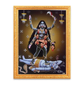 kali Maa Silver Zari Art Work Photo In Golden Frame Big (14 X 18 Inch) - Imagen 1 de 4