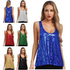Mujeres Chaleco Lentejuelas Camisola Discoteca Camisetas sin mangas Blusas de verano Baile Ropa de club nocturno - Imagen 1 de 51