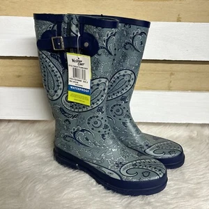 New Women's Size 8 Rubber Rain Boots Waterproof Paisley Plains Navy Print - Picture 1 of 5