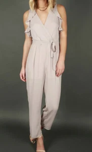Everly Ruffle Soulders Jumpsuit in Taupe Beige Size Small - Picture 1 of 14