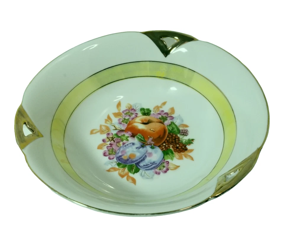 Tazón para servir vintage de oro blanco de 9" con diseño de frutas flores de ciruela amarillas decorativas Foto 1 de 4