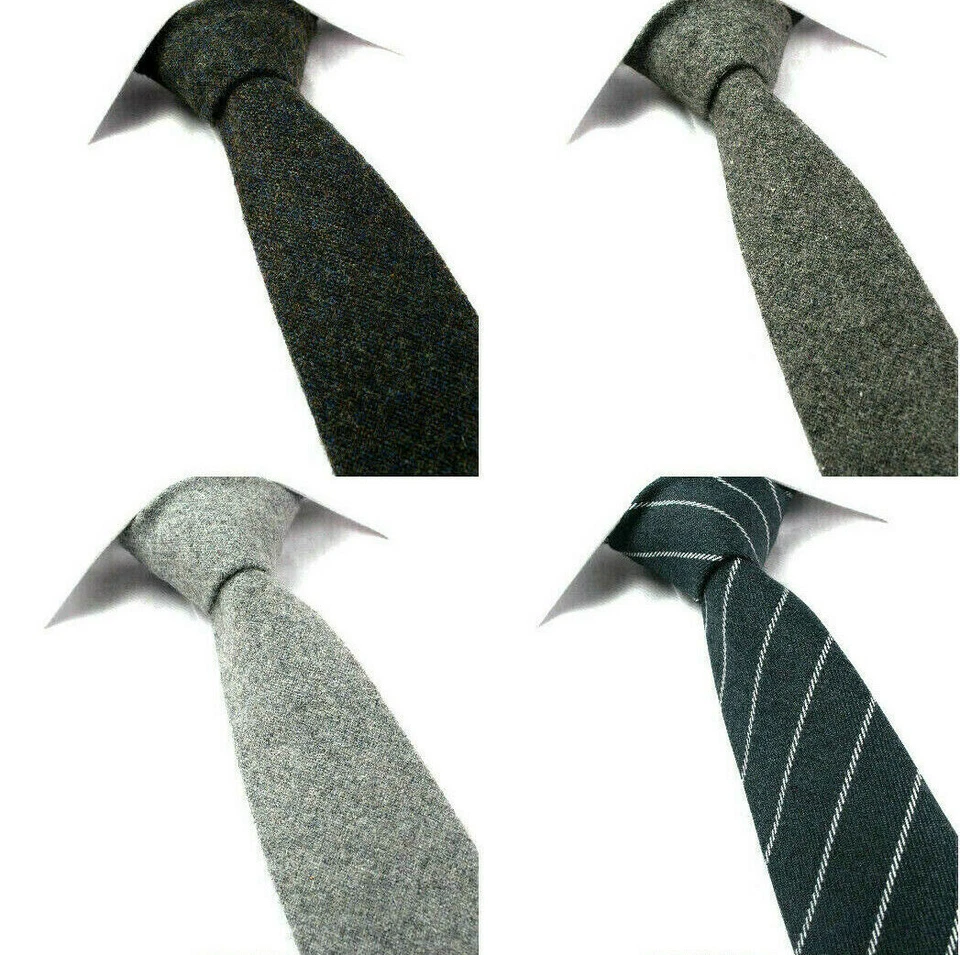 Uomo Lana Cravatta Tweed Quadri Righe Slim Skinny Grigio Argento Plaid Pesce UK - Immagine 1 di 1