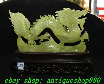 Estátua de animal longo dragão Fengshui esculpida em jade verde chinês natural Xiu 13,3 pol. - Imagem 1 de 4
