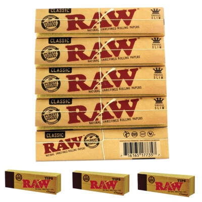 Genuine RAW Rolling Papers King Size Slim Classic Unrefined Skin+ RAW TIPS FREE*