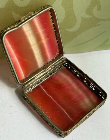 Antique Snuff Pill BOX vtg sterling silver Rhodochrosite deco pink agate jewelry Cover