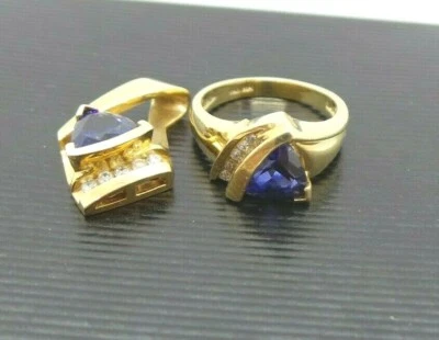 IMPRESIONANTE CONJUNTO DE COLGANTE Y ANILLO DE DIAMANTES Y ZAFIRO AZUL 14K TALLA 7,25 AI-1292 9,26g Foto 1 de 4