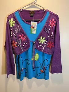Nuevo con etiquetas Cárdigan Rising International BOHO Hippie Top M Bordado Floral Algodón - Imagen 1 de 10
