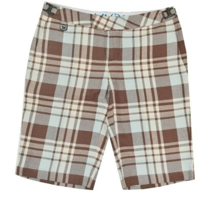  Matix NINA Faded Blue Brown Stone Plaid Back Pockets Junior's Bermuda Shorts - Image 1 of 3