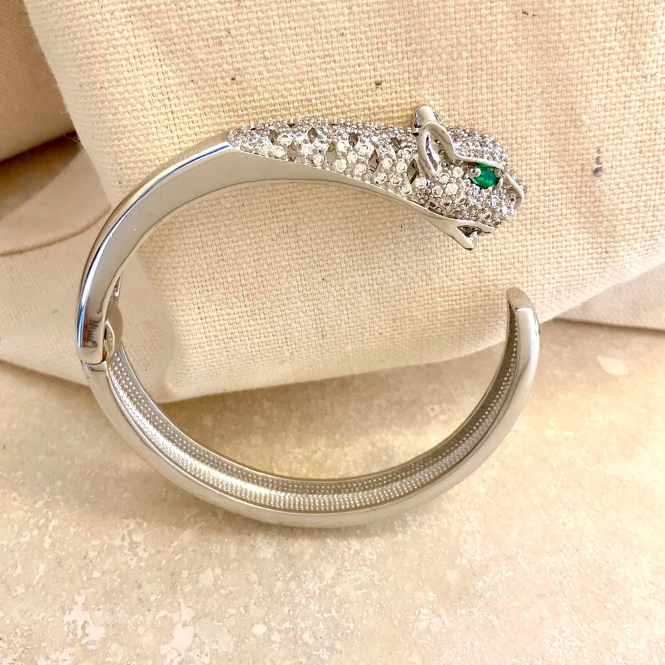 Brazalete Pantera Ojo Verde Brazalete Brazo Medio Apilable Impresionante Chapado en Oro Blanco  Foto 1 de 4