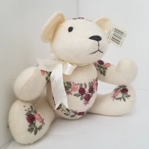 Floral Embroidered Plush Cream Felt Bear Button Joints Collector’s Tag 1999 - Picture 1 of 13