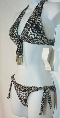 NUEVO Bikini Badgley Mischka 2 piezas Talla 4 S Traje de baño Negro Blanco Marrón Nuevo con etiquetas Corbatas laterales Foto 1 de 2