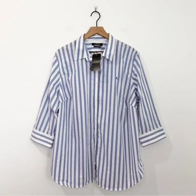 Camisa Lauren Ralph Lauren Abotonada 3X Azul Blanco Rayas Elastizada Algodón Top Foto 1 de 4