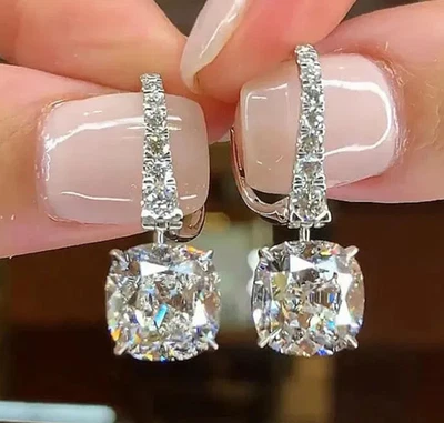 8 Ct Cushion Cut Lab-Created Diamond Dangle Earrings 925 Sterling Silver - Image 1 of 4