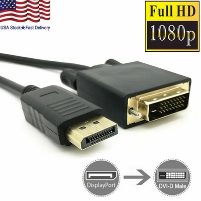 6/10/15 Ft Gold Plated DP DisplayPort to DVI-D Male Dual Link Cable 4k 1080P LOT - Image 1 of 4