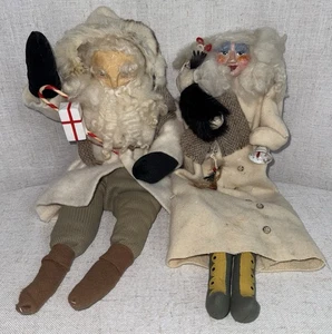 Vintage Primitive Folk Art Santa & Mrs. Claus Doll Set Handmade Paper Mache Face - Picture 1 of 16