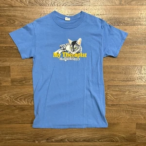 Y2K / Vintage 2009 Cat Graphic Tee My Therapist Has Whiskers Blue T-Shirt Size S - Picture 1 of 8