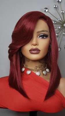 New Burgundy Red Straight Bob Side Bangs Style Lace Front Wig Women Fashion Hair - Image 1 of 4