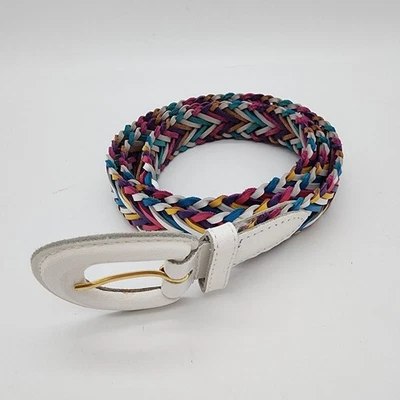 Винтажный радужный плетеный кожаный ремень Y2K размер L белая пряжка цветной 90-е - Изображение 1 из 4