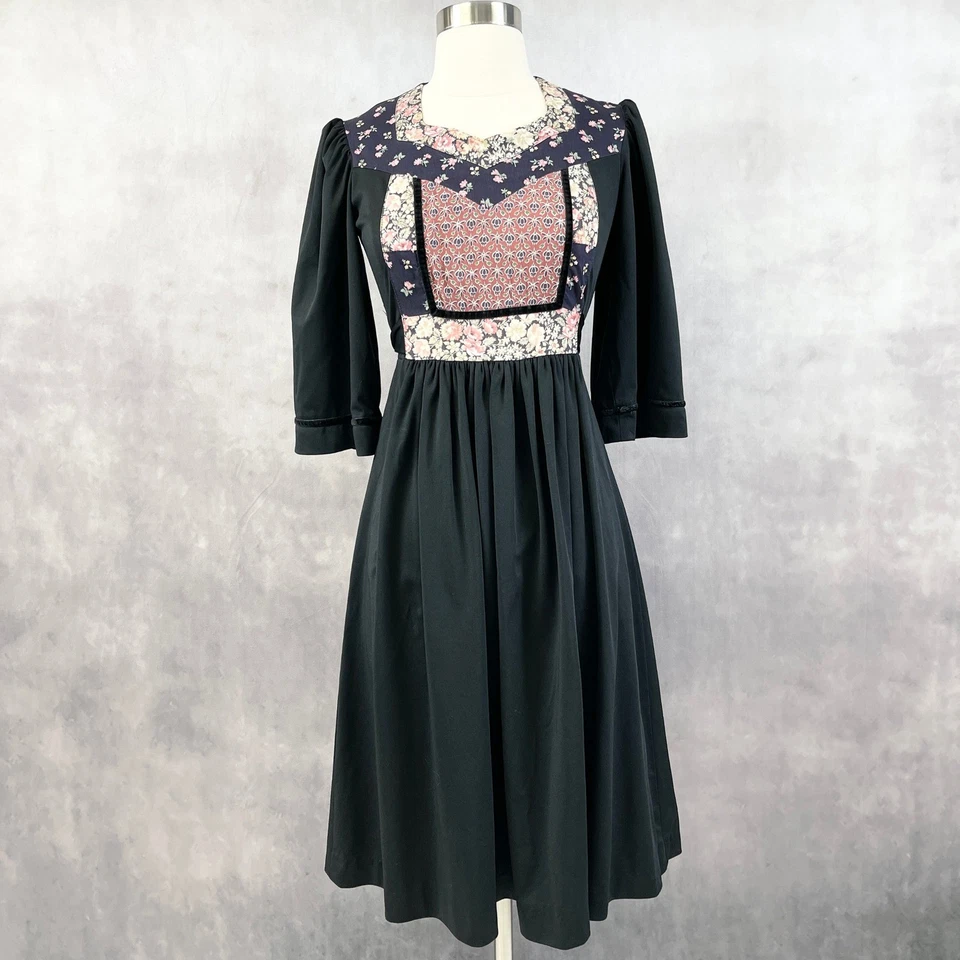VTG 70s Young Edwardian Arpeja Prairie Dress Small Patchwork Folk Cottage Boho - Image 1 of 4