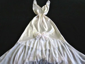 Glam Long Vintage Ivory Bias Satin Gown S Huge Chiffon Flounce Jessica Lynn - Picture 1 of 10
