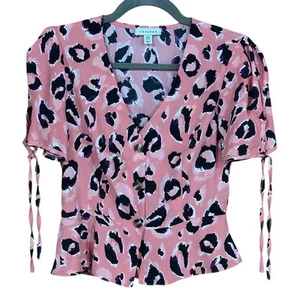 Topshop Pink Leopard Print Blouse Size US 4 Button Front Tie Sleeve Waist Detail - Picture 1 of 11