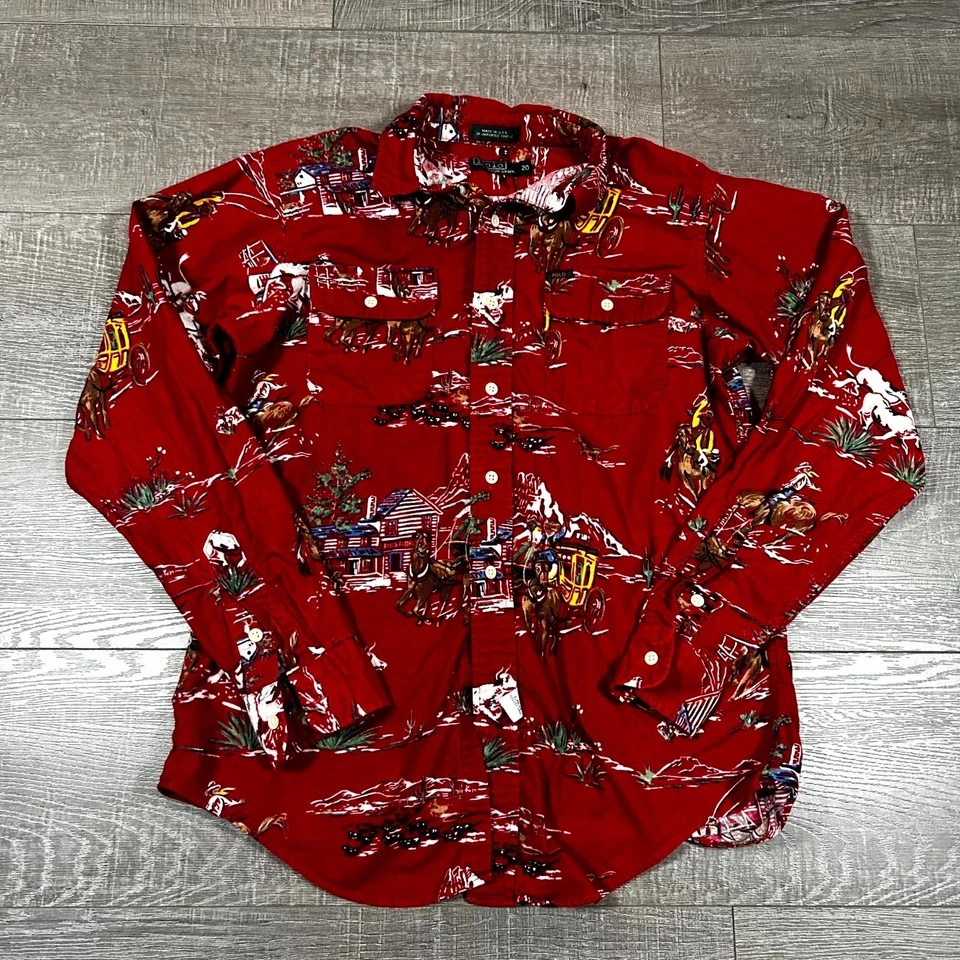 VTG 90s Polo Ralph Lauren Western Button Up Shirt Boys 20 Red Cowboy Rodeo Rare - Image 1 of 4
