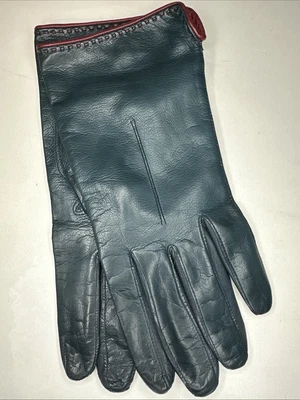 Guantes de cuero Coach para mujer talla 8 verde azulado rojo ribete forrados de seda usados Foto 1 de 4