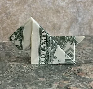 Origami Puppy Dog Carefully Folded Crisp New $1 Bill In A Cellophane Bag - Picture 1 of 2