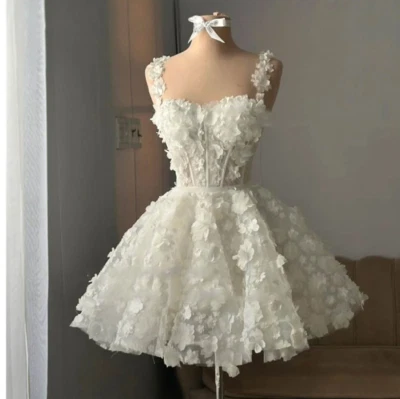 Short 3D Flowers Wedding Dresses Mini Summer Off Shoulder Beach Bridal Gowns - Image 1 of 4