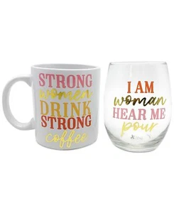 Tmd Holdings Strong Women/Hear Me Pour Mug & Stemless Wine Glass Gift Set, Rose - Picture 1 of 2