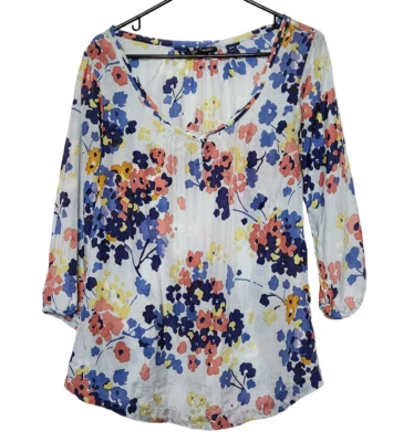 Blusa floral 100 % seda azul manga 3/4 azul Lucky Brand para mujer Foto 1 de 4