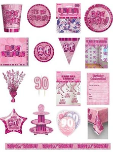 90/90. Geburtstag Rosa Glitzer Party Sortiment - Party/Teller/Servietten/Banner/Tassen - Bild 1 von 26