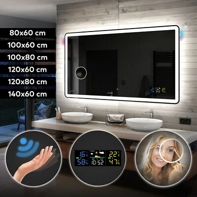 Specchio bagno con illuminazione LED specchio parete specchio SENSORE AUDIO METEO TRUCCO - Immagine 1 di 4