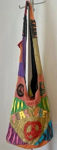 Hobo Crossbody Bag Tote Boho Peace Love Appliqué Patchwork Tie Dye Nepal - Picture 1 of 8