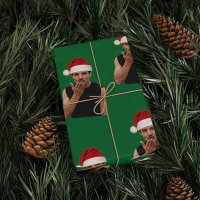 Pedro Pascal Santa Hat Wrapping Paper,  Movie Hollywood Daddy Xmas Gift Wrap - Image 1 of 3