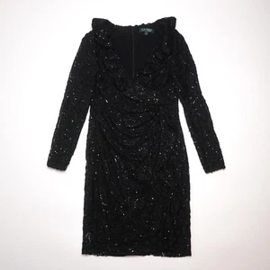 Ralph Lauren Womens Black V-Neck Ruched Sequin Petite Dress Small US 6 UK 10 - Picture 1 of 6