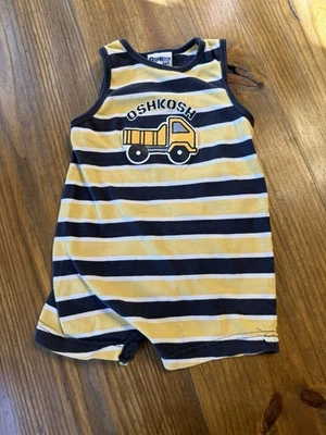 Romper vintage Osh Kosh bebê menino listrado amarelo caminhão basculante confia na maré 18 meses - Imagem 1 de 4