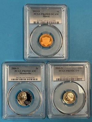 3-Coins 1c/5c/10c PCGS PR69DCAM 2011S/2006S/2001S - Image 1 of 4
