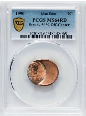 1990 LINCOLN CENT PENNY 1c MINT ERROR STRUCK OFF CENTER PCGS MS64RD - Image 1 of 2