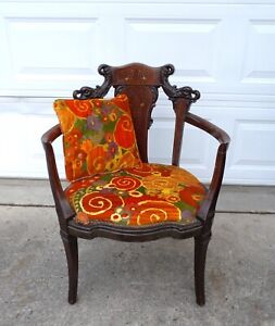 ANTIQUE 19TH CENTURY ART NOUVEAU UPHOLSTERED CARVED DOLPHIN ARM CHAIR & PILLOW