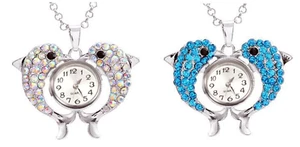 LINEL Dolphin Crystal Necklace Watch Easy Read Dial Silver Chain - Picture 1 of 5