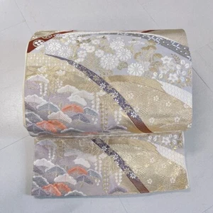 Luxurious Japanese Silk Fukuro Obi - Floral & Gold, Mint Green Interior, Kimono - Picture 1 of 17