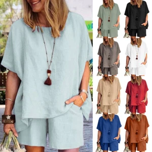 Fashion Womens Loose Fitting Short Sleeved Shorts Two-Piece Set Spring/Summer - Picture 1 of 22