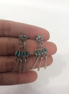 Indianer Zuni Silber Petit Point Türkis Ohrhänger Ohrringe - Bild 1 von 3