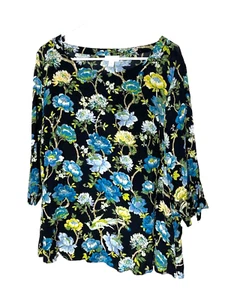 J Jill Plus size 2X Rayon Blouse Top Black Floral Shirt Tie 3/4 Sleeve - Picture 1 of 9