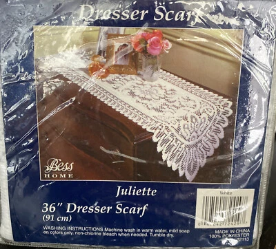 NEW, BESS HOME Lace Dresser Scarf 36" White Scalloped 12.5"x36" - SHIPS FREE - Image 1 of 3