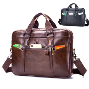 Men's Genuine Cowhide Leather Briefcase Business Bag Messenger Bag Computer Bag - Picture 1 of 12