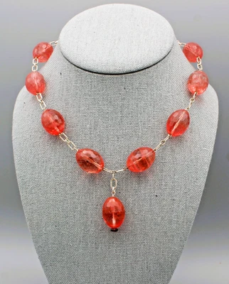 VTG Necklace Oval Shaped Faceted Pink Rose Quartz Large Beads Sterling 16” G44 - Image 1 of 4